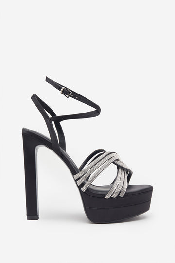 Doll Drama Black Satin Diamante Strappy Platform Heels